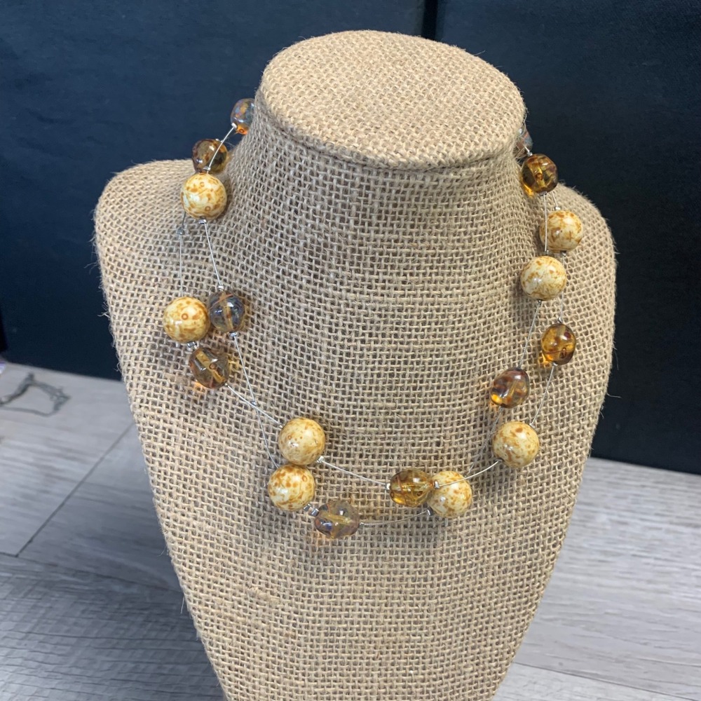 Topfrog Designs Amber Cream Floating Bead Double Strand Necklace 16in 4393